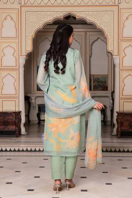 Women teal green tabby slik  print & embroidered kurta  pant & dupatta set 3