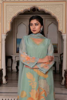 Women teal green tabby slik  print & embroidered kurta  pant & dupatta set 4