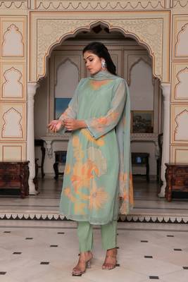 Women teal green tabby slik  print & embroidered kurta  pant & dupatta set 5