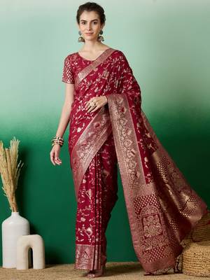 Maroon Ethnic Jacquard c Partywear Ethnic Saree 1