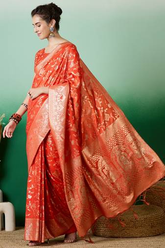 Orange Ethnic Jacquard c Partywear Ethnic Saree