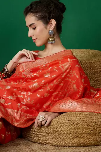 Orange Ethnic Jacquard c Partywear Ethnic Saree