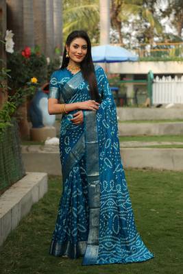 Sky Blue Colour Ethnic Handloom Silk Rajasthani Bandhej Printed Woven Designer Saree 1