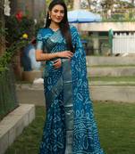 Sky Blue Colour Ethnic Handloom Silk Rajasthani Bandhej Printed Woven Designer Saree
