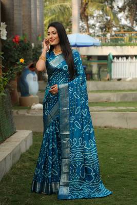 Sky Blue Colour Ethnic Handloom Silk Rajasthani Bandhej Printed Woven Designer Saree 2