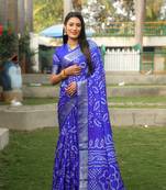 Blue Colour Ethnic Handloom Silk Rajasthani Bandhej Printed Woven Designer Saree