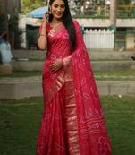 Pink Colour Ethnic Handloom Silk Rajasthani Bandhej Printed Woven Designer Saree