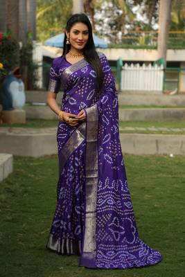 Lavender Colour Ethnic Handloom Silk Rajasthani Bandhej Printed Woven Designer Saree 1