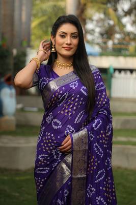 Lavender Colour Ethnic Handloom Silk Rajasthani Bandhej Printed Woven Designer Saree 2