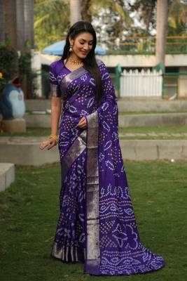 Lavender Colour Ethnic Handloom Silk Rajasthani Bandhej Printed Woven Designer Saree 3