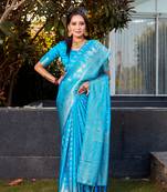 Blue Woven Jacquard Satin Silk Partywear Saree For Ethnic Partywear Looks