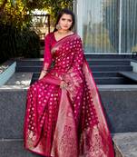Burgundy Woven Jacquard Satin Silk Partywear Saree For Ethnic Partywear Looks