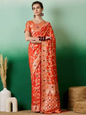 Orange Art silk blend c Partywear Ethnic Woven Meenakari Saree 1