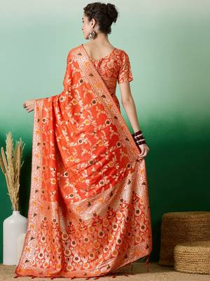 Orange Art silk blend c Partywear Ethnic Woven Meenakari Saree 2