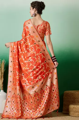 Orange Art silk blend c Partywear Ethnic Woven Meenakari Saree