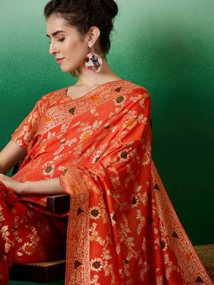 Orange Art silk blend c Partywear Ethnic Woven Meenakari Saree 3