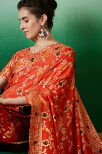Orange Art silk blend c Partywear Ethnic Woven Meenakari Saree