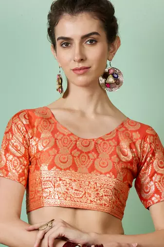 Orange Art silk blend c Partywear Ethnic Woven Meenakari Saree