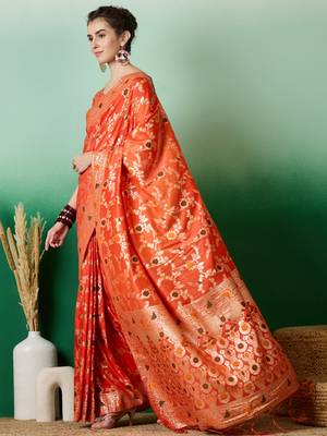 Orange Art silk blend c Partywear Ethnic Woven Meenakari Saree 5