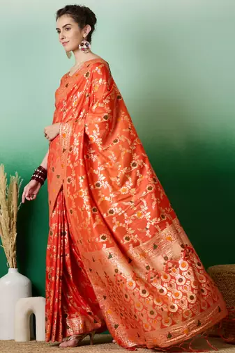 Orange Art silk blend c Partywear Ethnic Woven Meenakari Saree