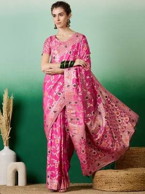 Pink Staple Art silk blend Partywear Ethnic Woven Meenakari Saree 1