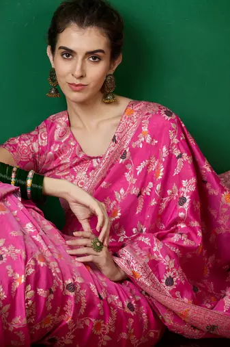 Pink Staple Art silk blend Partywear Ethnic Woven Meenakari Saree