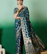 Teal Staple Dola Cotton c Partywear Ethnic Woven Meenakari Saree