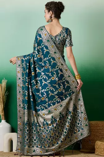 Teal Staple Dola Cotton c Partywear Ethnic Woven Meenakari Saree