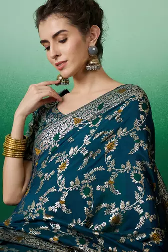 Teal Staple Dola Cotton c Partywear Ethnic Woven Meenakari Saree