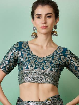 Teal Staple Dola Cotton c Partywear Ethnic Woven Meenakari Saree 4