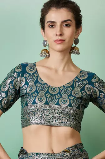 Teal Staple Dola Cotton c Partywear Ethnic Woven Meenakari Saree