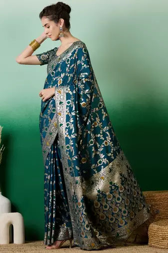 Teal Staple Dola Cotton c Partywear Ethnic Woven Meenakari Saree