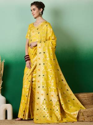Yellow Staple Dola Cotton c Partywear Ethnic Woven Meenakari Saree 1