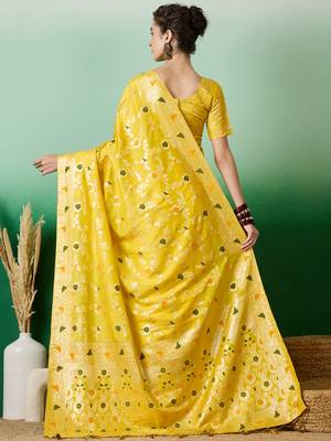 Yellow Staple Dola Cotton c Partywear Ethnic Woven Meenakari Saree 2