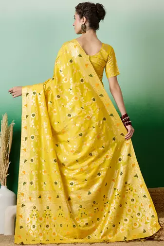 Yellow Staple Dola Cotton c Partywear Ethnic Woven Meenakari Saree