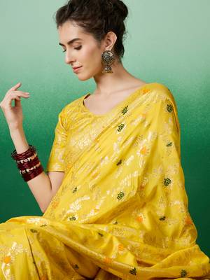 Yellow Staple Dola Cotton c Partywear Ethnic Woven Meenakari Saree 3