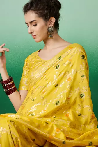 Yellow Staple Dola Cotton c Partywear Ethnic Woven Meenakari Saree