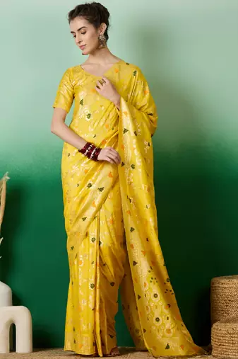 Yellow Staple Dola Cotton c Partywear Ethnic Woven Meenakari Saree