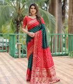 Green Woven Designer Bandhej Printed Dola Silk Blend Saree For Traditional Festive Looks