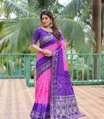 Pink Woven Designer Bandhej Printed Dola Silk Blend Saree For Traditional Festive Looks