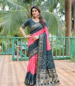 Salmon Woven Designer Bandhej Printed Dola Silk Blend Saree For Traditional Festive Looks