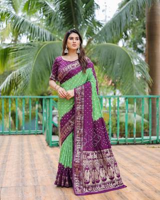 Mahendi Woven Designer Bandhej Printed Dola Silk Blend Saree For Traditional Festive Looks 1