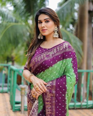 Mahendi Woven Designer Bandhej Printed Dola Silk Blend Saree For Traditional Festive Looks 2