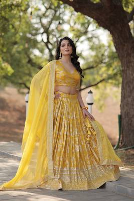 YELLOW DESIGNER TRENDING DYEABLE PURE VISCOSE JACQUARD FABRIC LEHENGA CHOLI & DUPATTA SET 1