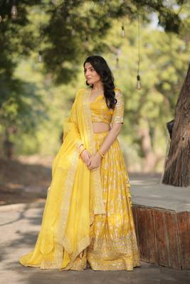 YELLOW DESIGNER TRENDING DYEABLE PURE VISCOSE JACQUARD FABRIC LEHENGA CHOLI & DUPATTA SET 3