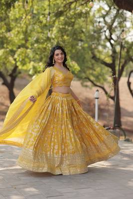 YELLOW DESIGNER TRENDING DYEABLE PURE VISCOSE JACQUARD FABRIC LEHENGA CHOLI & DUPATTA SET 5