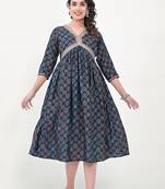 Navy blue colour beautiful embroidered alia cut kurti for trendy looks in silk blend fabric