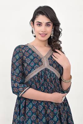Navy blue colour beautiful embroidered alia cut kurti for trendy looks in silk blend fabric 3