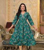 Trendy and stylish green colour silk blend alia cut kurti with designer printed work with smart bollywood style