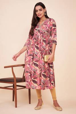 Trendy and stylish purple colour silk blend alia cut kurti with designer printed work with smart bollywood style 1